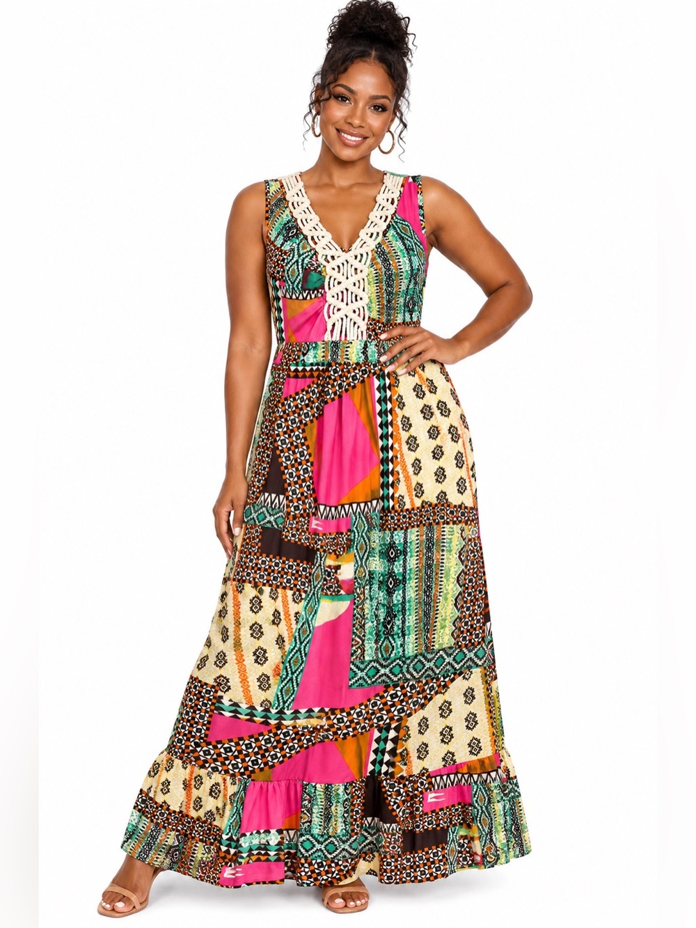 New Directions Dress Size M Patchwork Print Macramé Trim Maxi
